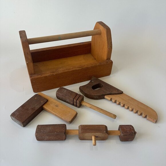 Handmade Wooden Tool Box & Tools - Picture 1 of 3